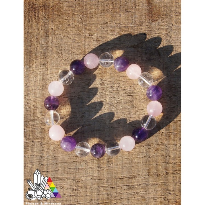 Bracelet Triangle d'Or- Quartz Rose Améthyste et Cristal -Vertus des Pierres - Pierres et Minéraux